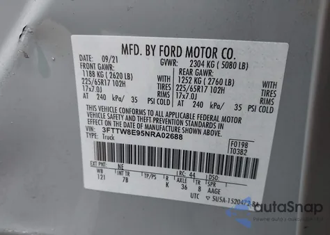 2022 Ford Maverick Xlt z USA, uszkodzony, nr VIN 3FTTW8E95NRA02688